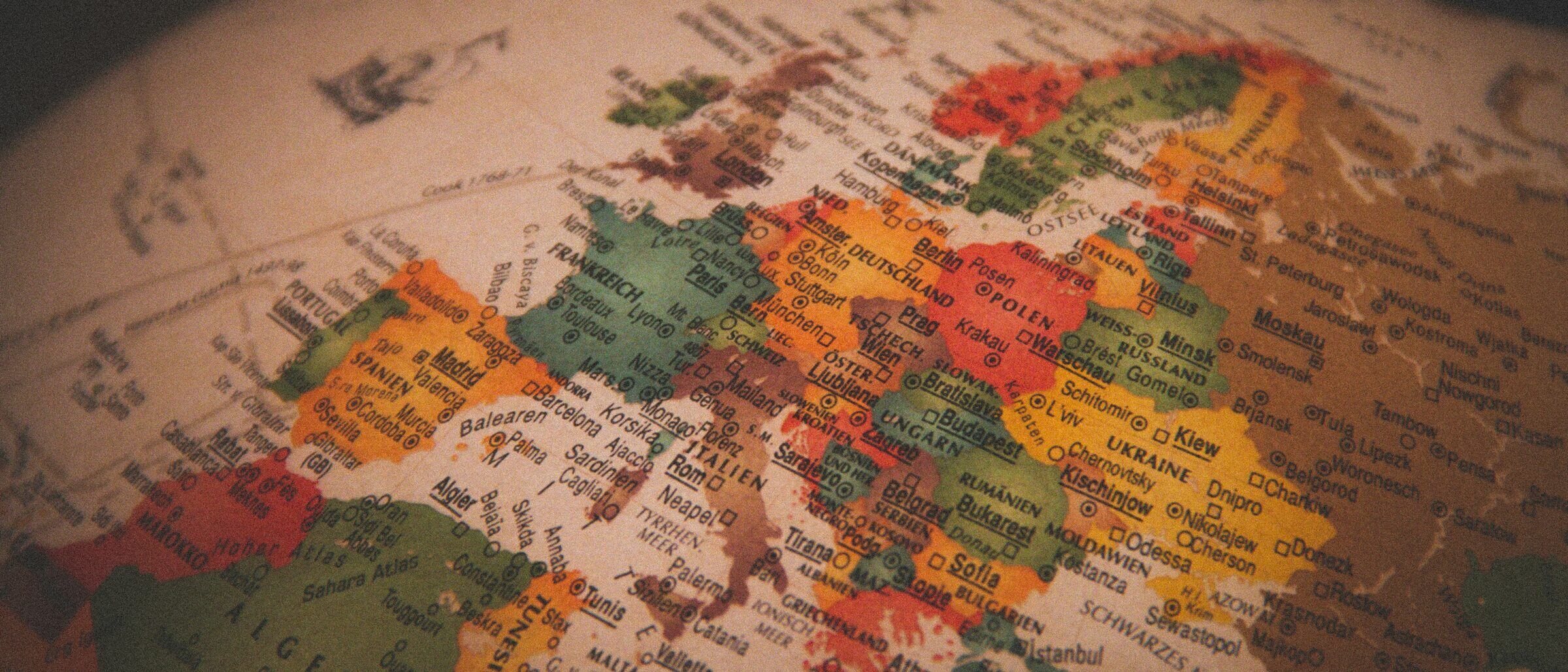 A close-up of a globe, with Europe turned towards the viewer.